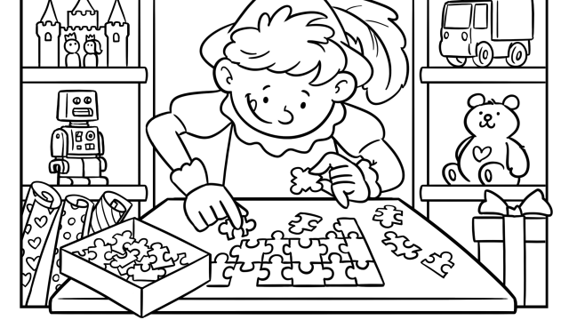 Kleurplaat van een Piet die een puzzel maakt